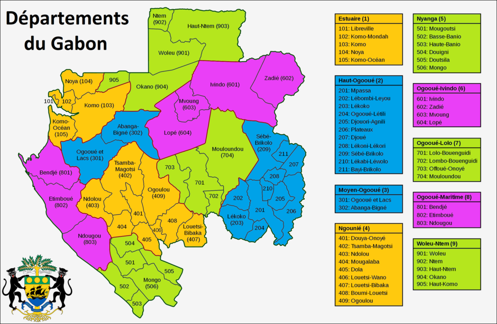 Carte des départements du Gabon.