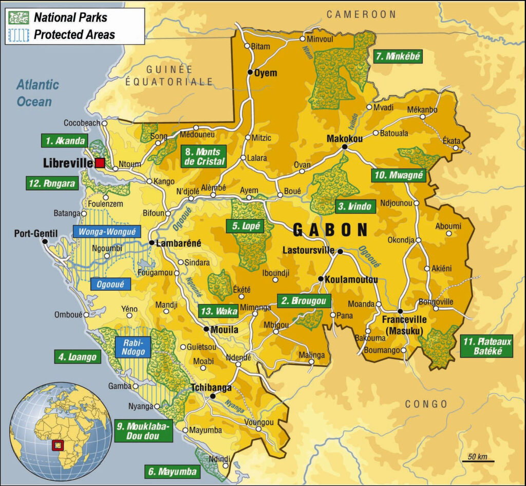 Carte des parcs nationaux du Gabon.