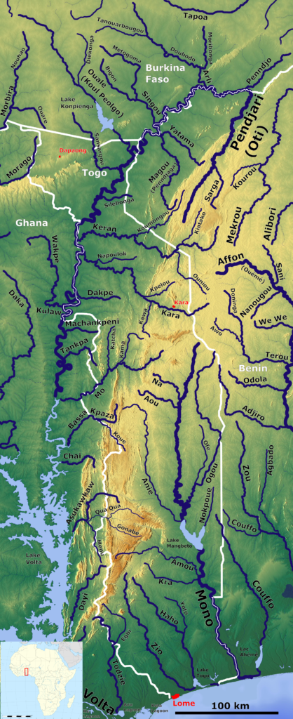 Carte des cours d'eau du Togo.
