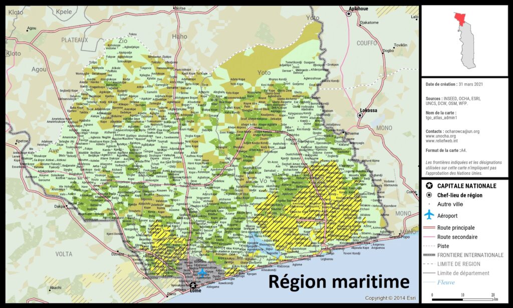 Carte de la région Maritime, Togo.