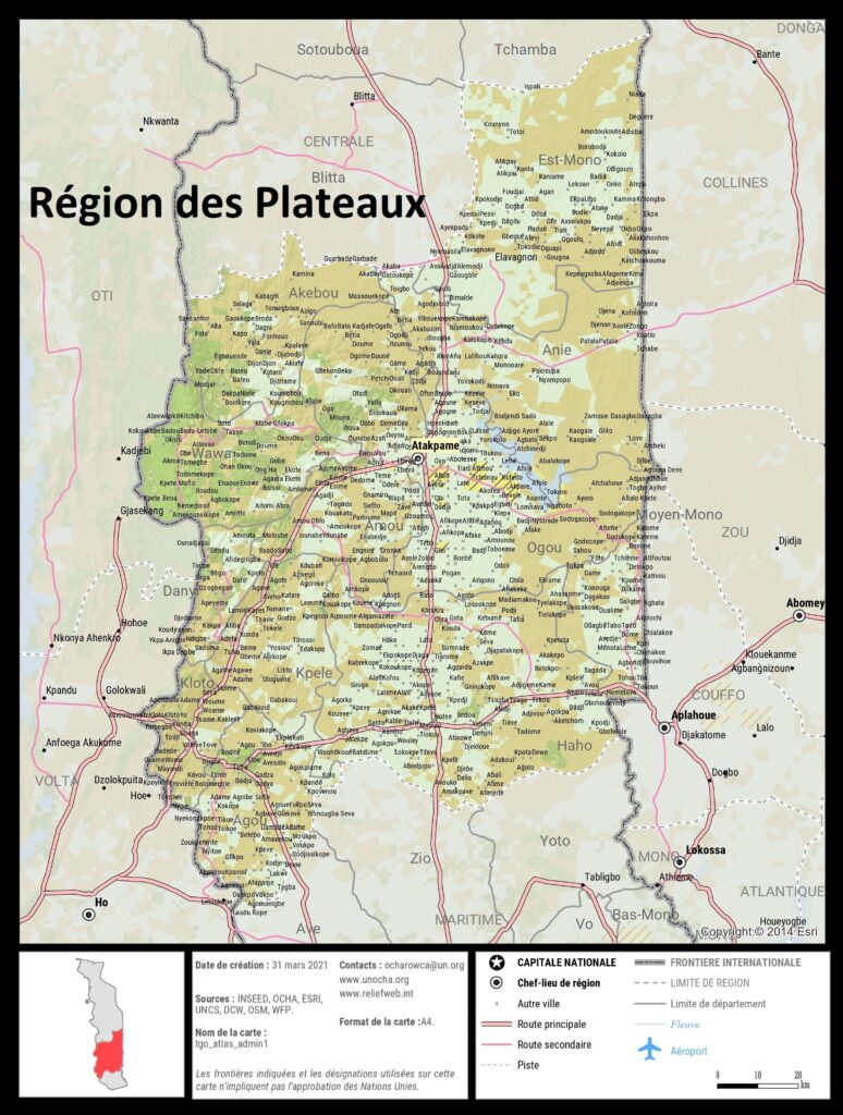 Carte de la région des Plateaux, Togo.