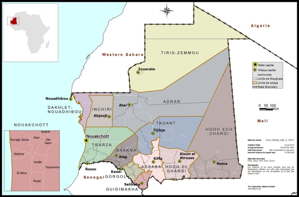 Carte des wilayas de la Mauritanie.