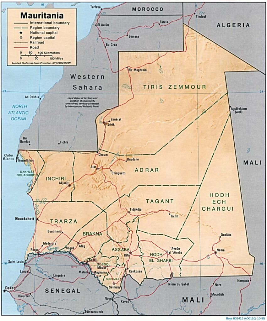 Carte physique de la Mauritanie.
