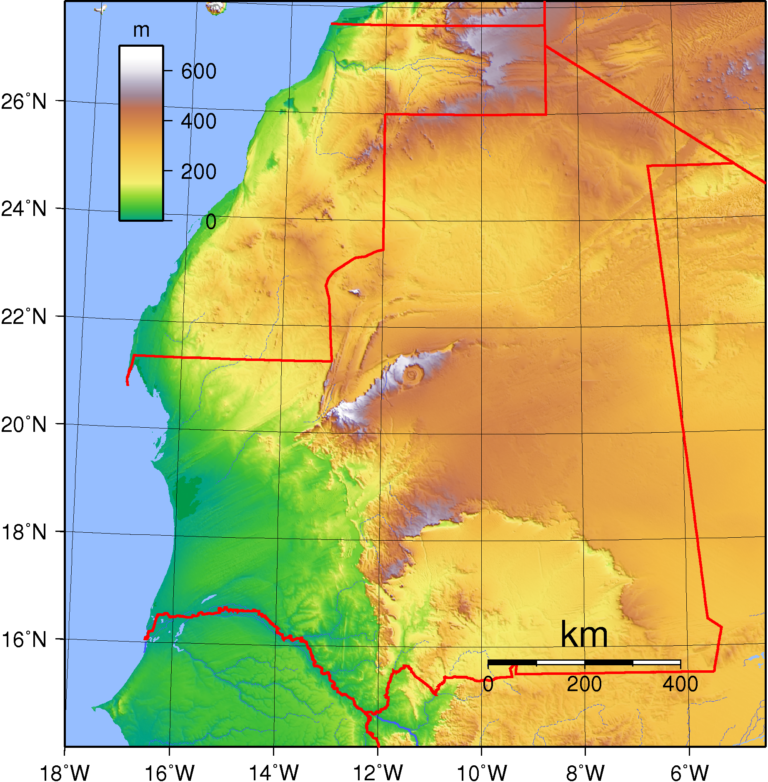 Carte physique de la Mauritanie