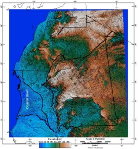Image en relief ombré de couleur de la topographie de la Mauritanie.