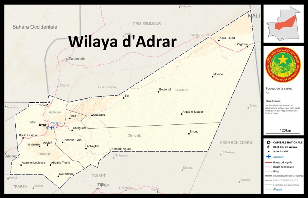 Carte de la wilaya d'Adrar, Mauritanie.