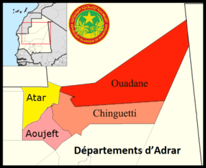 Carte des départements de la wilaya d'Adrar en Mauritanie.