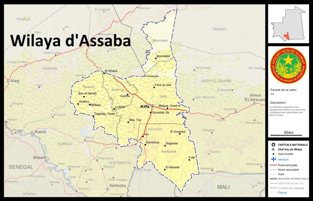 Carte de la wilaya d'Assaba, Mauritanie.