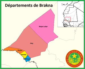Carte des départements de la wilaya de Brakna en Mauritanie.