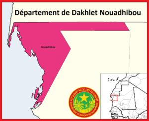 Carte des départements de la wilaya de Dakhlet Nouadhibou en Mauritanie.