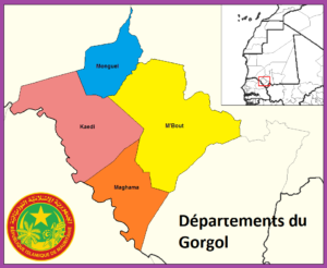 Carte des départements de la wilaya du Gorgol en Mauritanie.