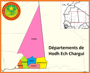 Carte des départements de la wilaya de Hodh El Chargui en Mauritanie.