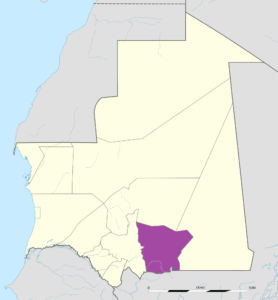 Carte de localisation de la wilaya de Hodh El Gharbi en Mauritanie.
