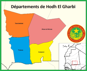 Carte des départements de la wilaya de Hodh El Gharbi en Mauritanie.