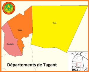 Carte des départements de la wilaya de Tagant en Mauritanie.
