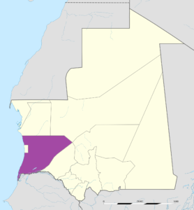 Carte de localisation de la wilaya de Trarza en Mauritanie.