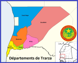 Carte des départements de la wilaya de Trarza en Mauritanie.