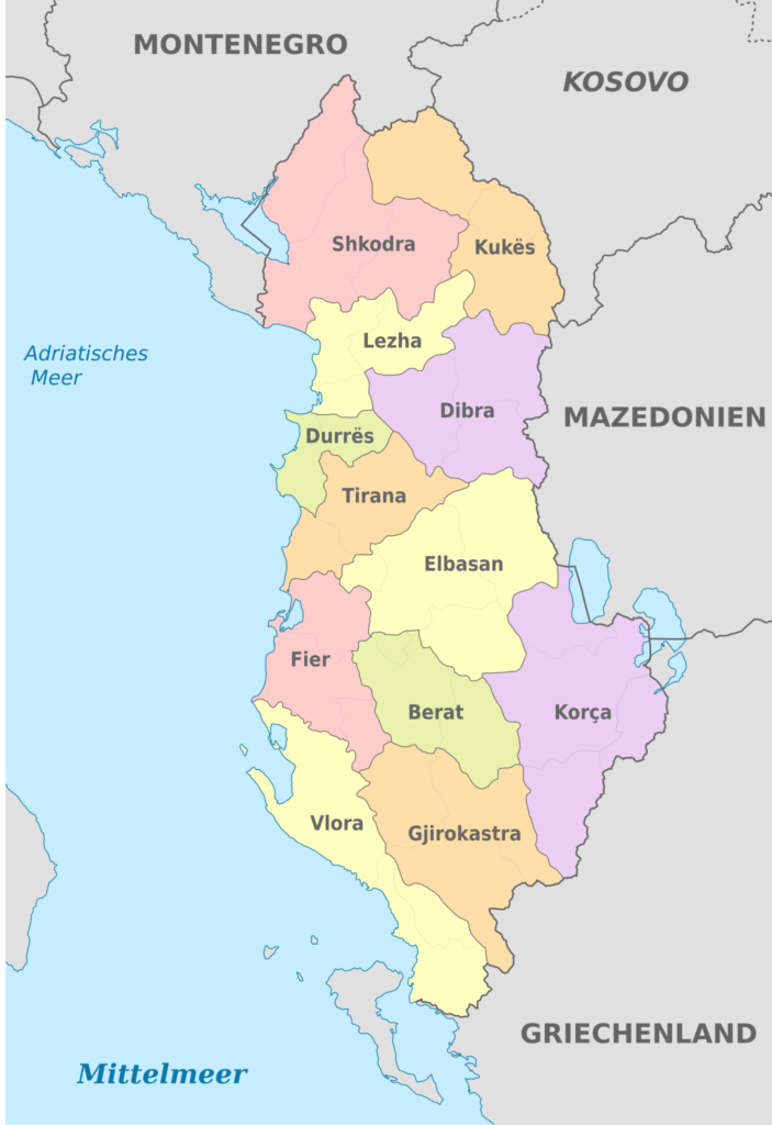 Carte des préfectures de l'Albanie.