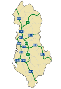 Carte de l'Albanie avec les autoroutes.