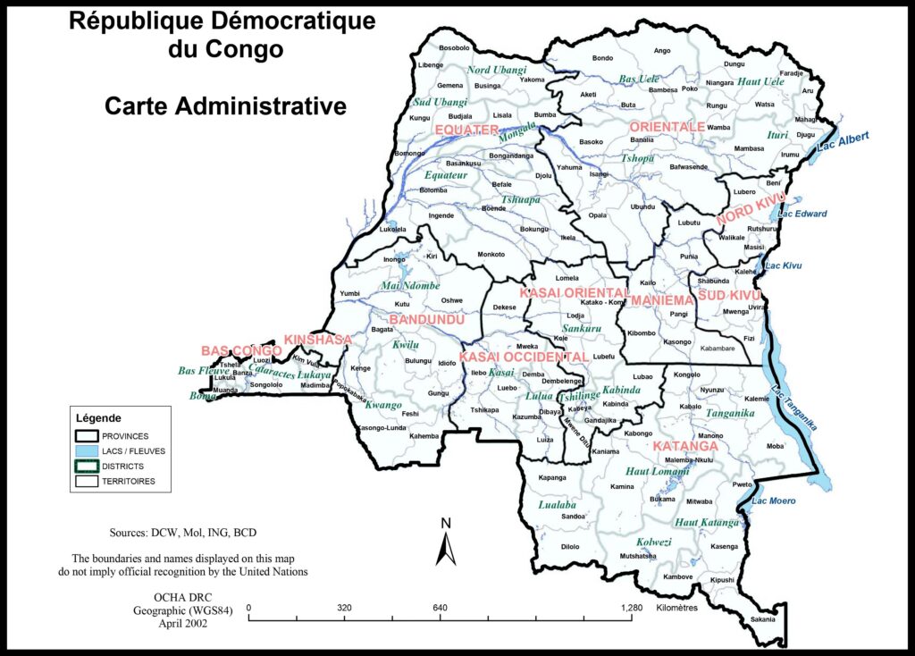 Carte des territoires de la république démocratique du Congo.