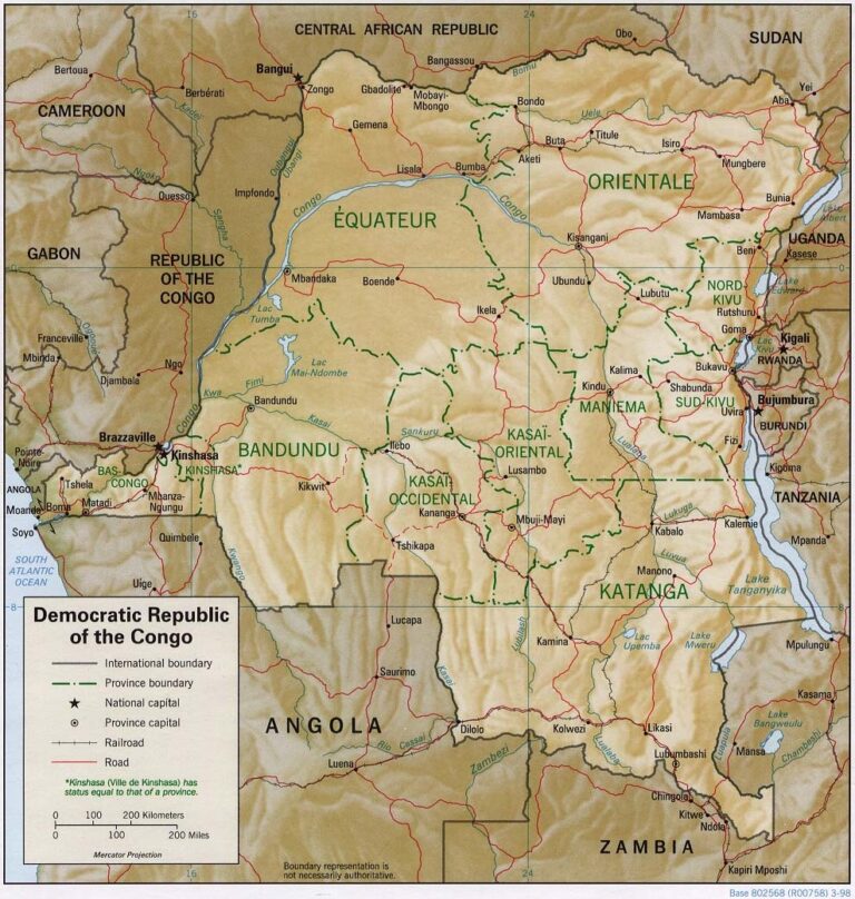 Carte physique de la république démocratique du Congo.