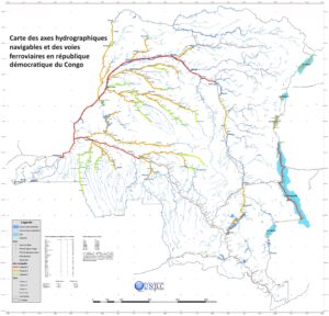 Carte des axes hydrographiques navigables et des voies ferroviaires en république démocratique du Congo.