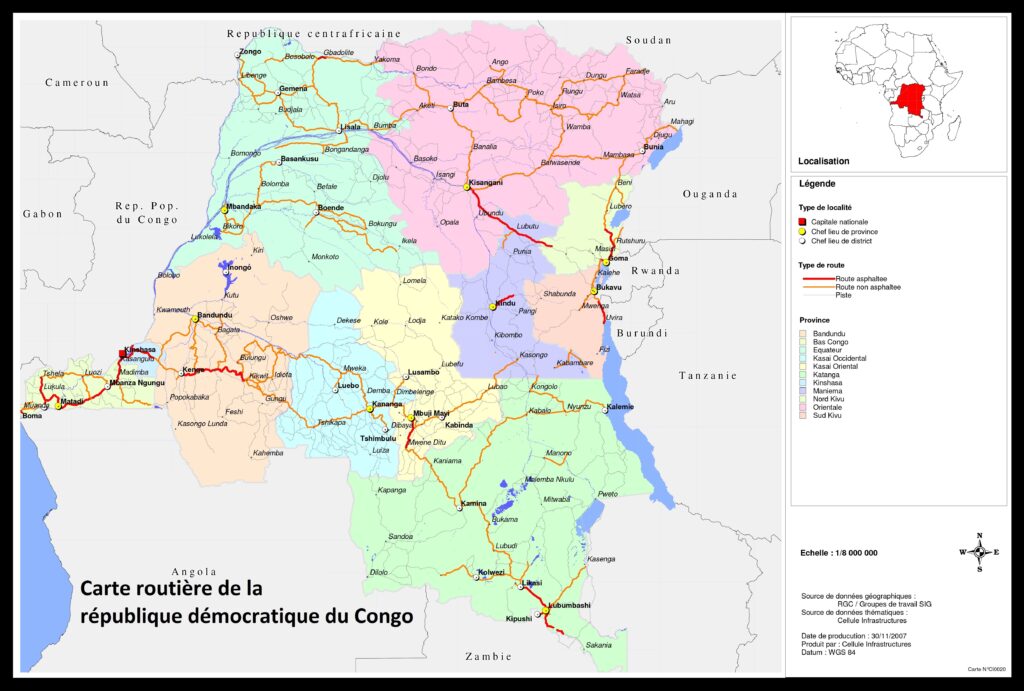 Carte routière de la république démocratique du Congo.