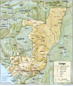 Carte en relief ombré du Congo-Brazzaville.