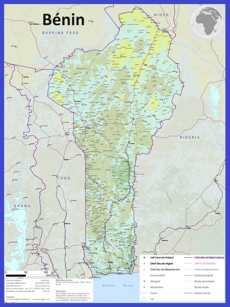 Carte des transports du Bénin.