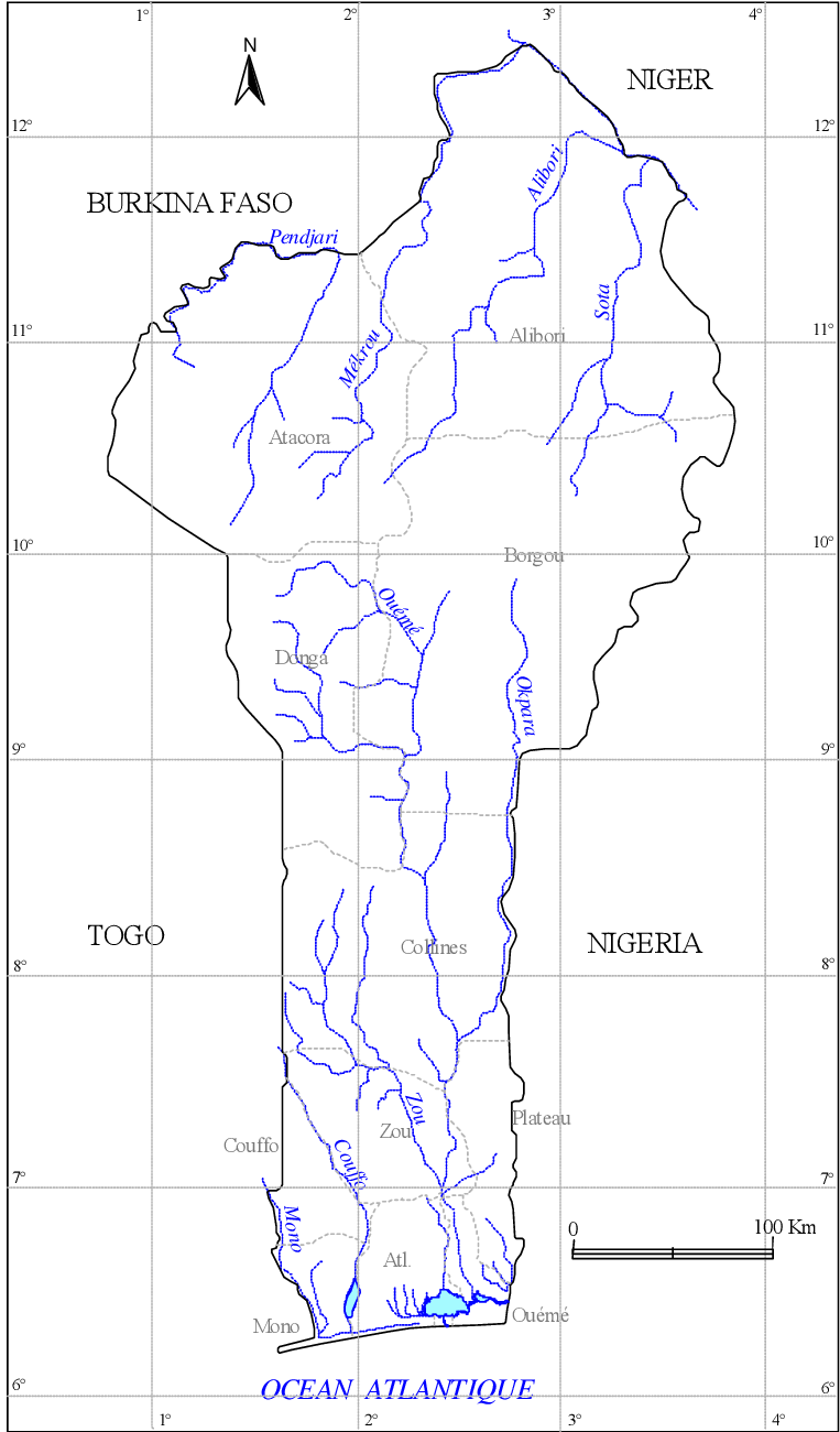 Carte des cours d'eau du Bénin.