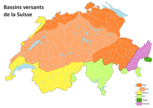 Carte des bassins versants de la Suisse.