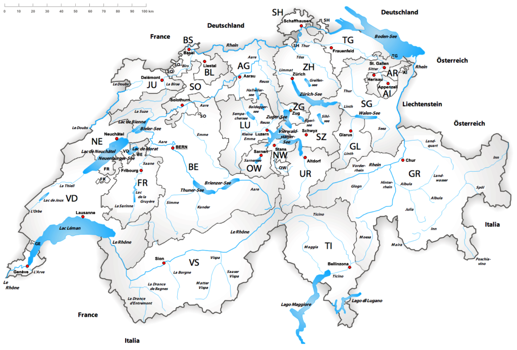 Carte des fleuves et rivières de la Suisse.
