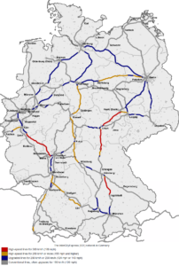 Carte des lignes ferroviaires à grande vitesse en Allemagne.