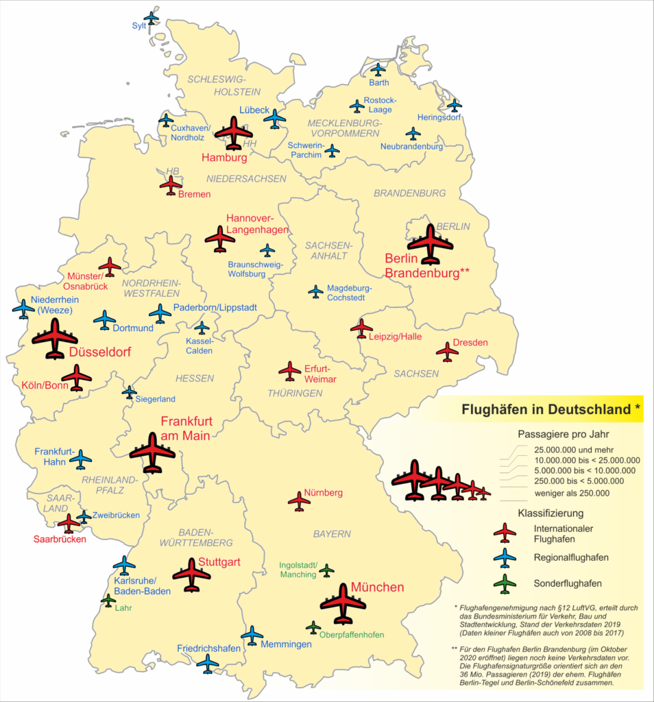 Carte des principaux aéroports d'Allemagne.