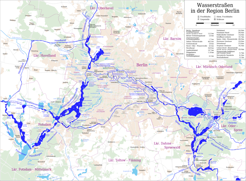 Carte des voies navigables de la région de Berlin.