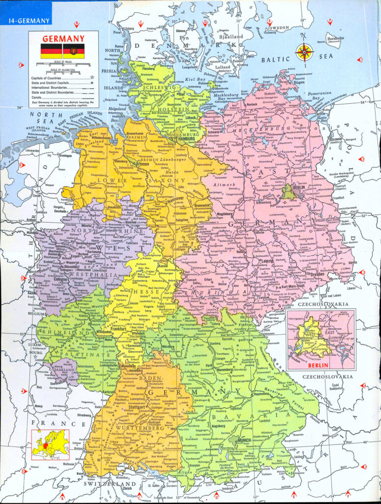 Carte de l'Allemagne de l'Est et de l'Ouest 1945-1990.