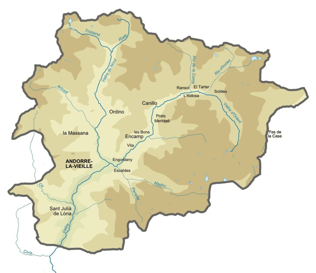 Carte hydrographique de l'Andorre.