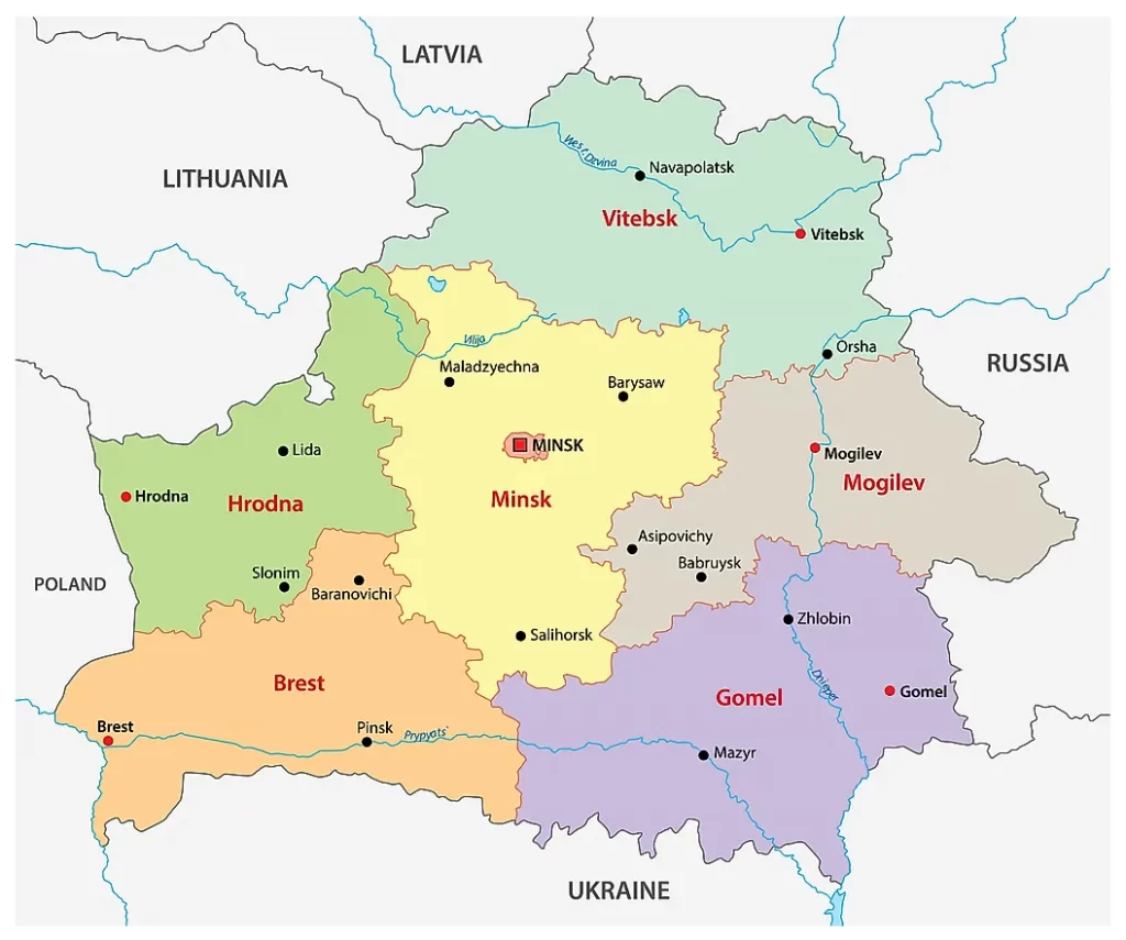 Carte des Voblasts de la Biélorussie.