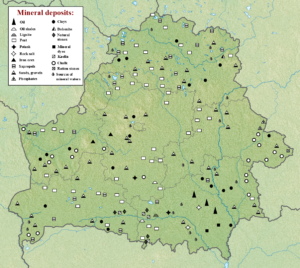 Carte des gisements minéraux de Biélorussie.