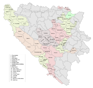 Carte des municipalités de la fédération de Bosnie-et-Herzégovine.