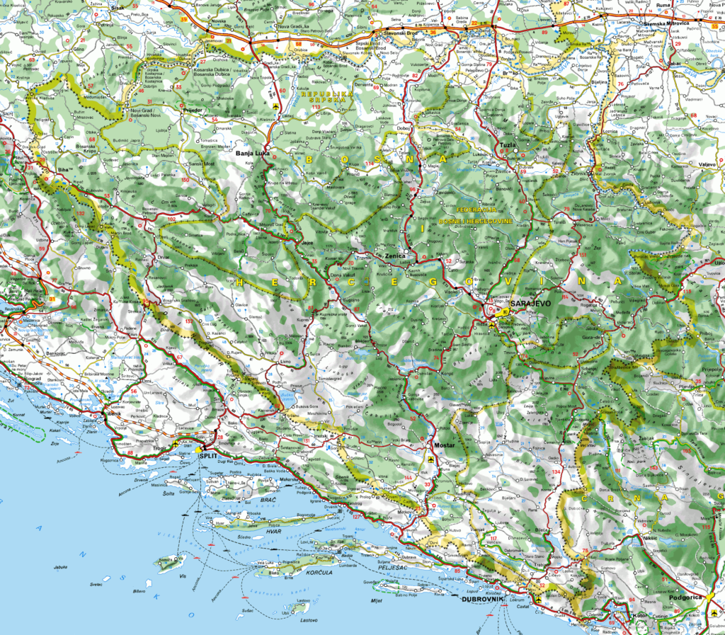 Carte physique de la Bosnie-Herzégovine.