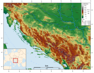 Carte topographique de Bosnie-Herzégovine.