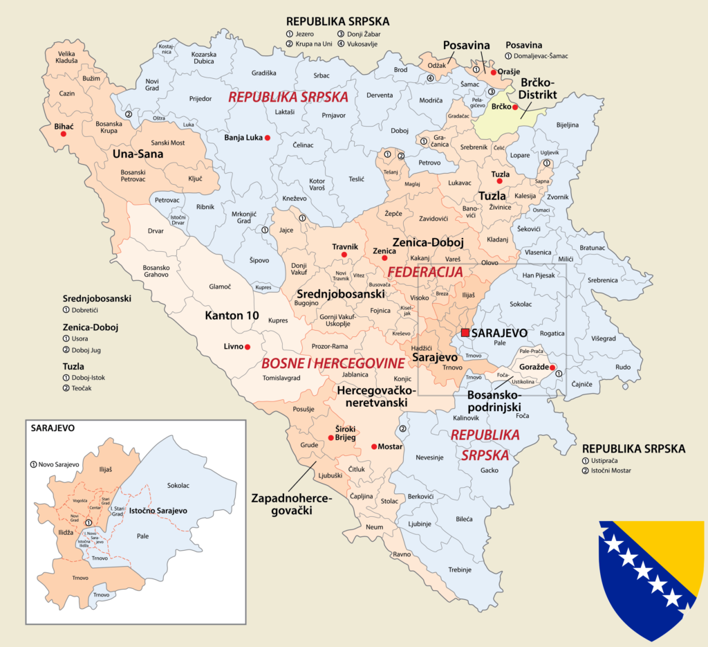 Carte politique de la Bosnie-Herzégovine.