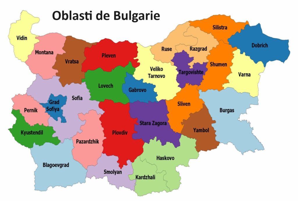 Carte des oblasti de la Bulgarie.