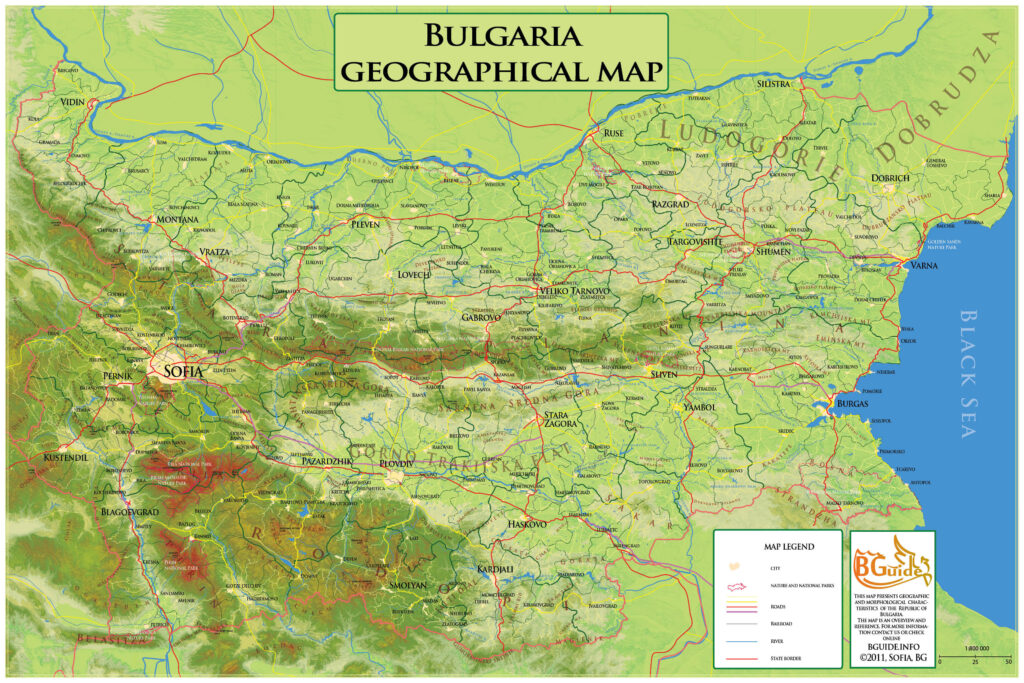 Carte physique de la Bulgarie.