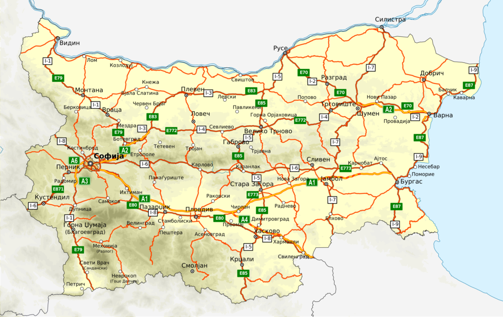 Carte routière de la Bulgarie.