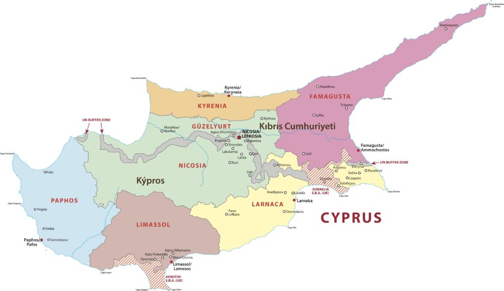 Carte des districts de Chypre.