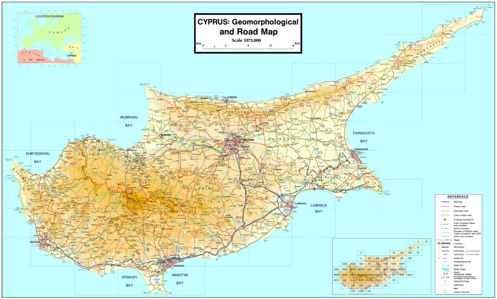 Carte physique de Chypre.
