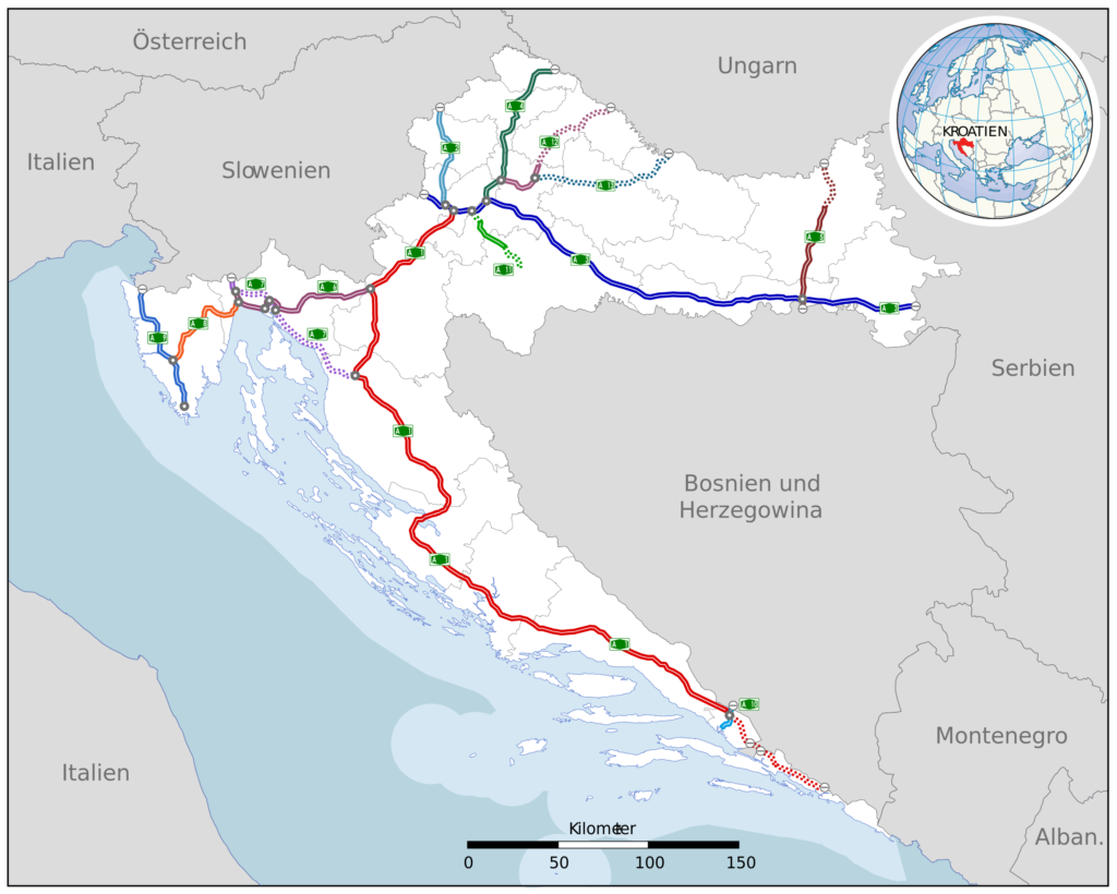 Carte du réseau autoroutier de la Croatie