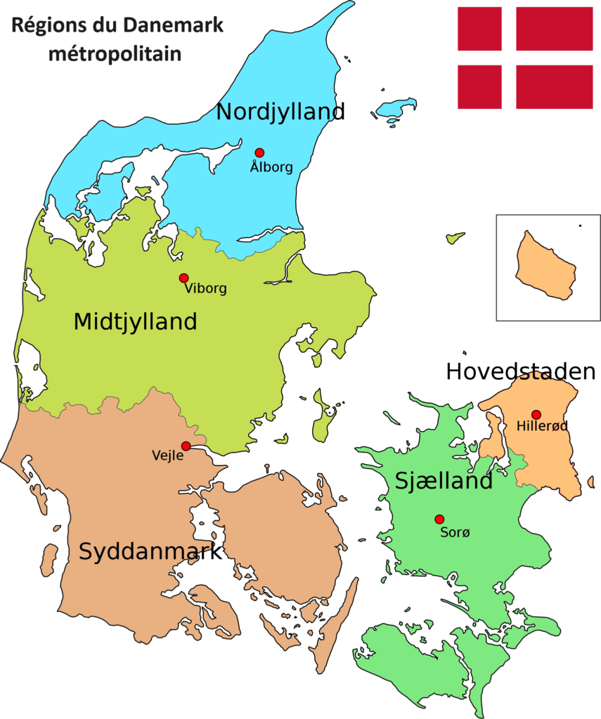 Carte des régions du Danemark métropolitain